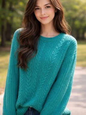Teal Cable-Texture Women’s Scoop Neck Sweater